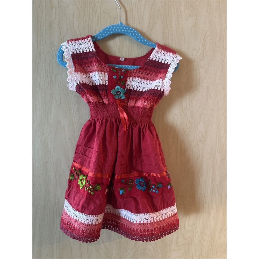 Mexican house dress Red handmade floral embroidery Crochet Bodice Size 2